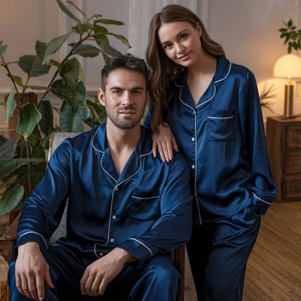 a-photo-of-a-man-and-woman-wearing-navy-blue-silk pajamas