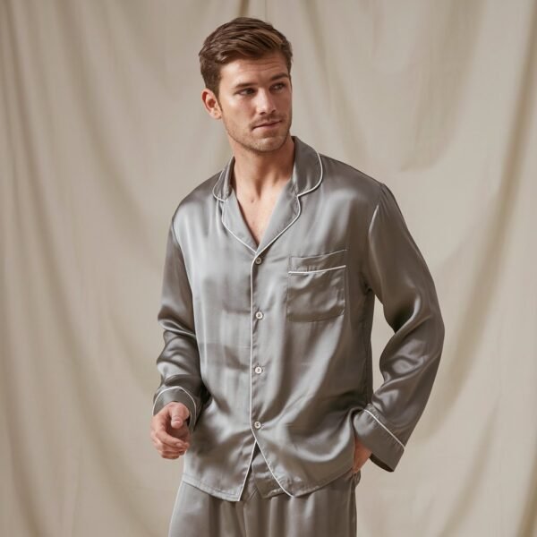 a-photo-of-a-man-wearing-solid-color-silk-pajamas